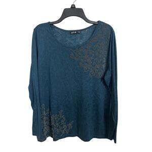 Velvet Burnout Teal Semi Sheer Long Sleeve Top Size XL Floral Paisley Comfy